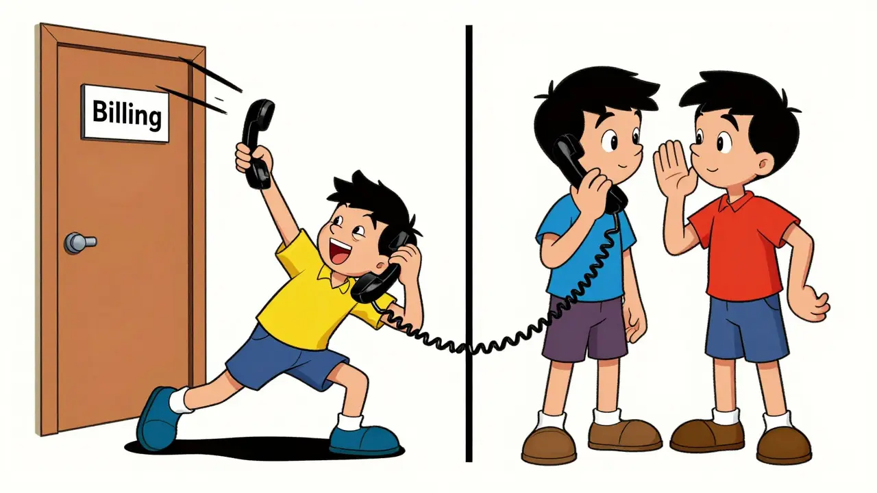 Split screen showing blind vs attended call transfer in rubber hose style.