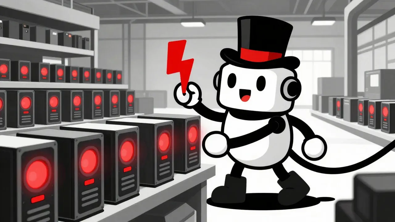 Stylized robot miner optimizing efficient ASIC rigs in a warehouse