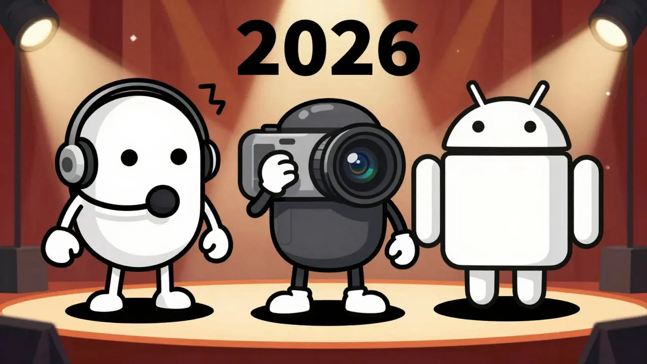Three cartoon vendor characters representing different tech brands