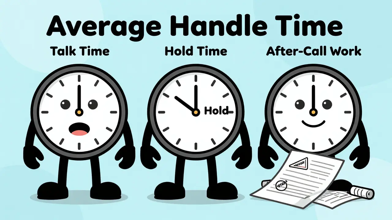 Three clocks representing talk, hold, and wrap-up time