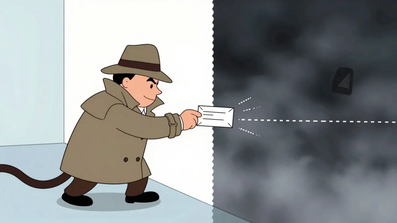 Vintage animation style figure erasing identity data at a network boundary.