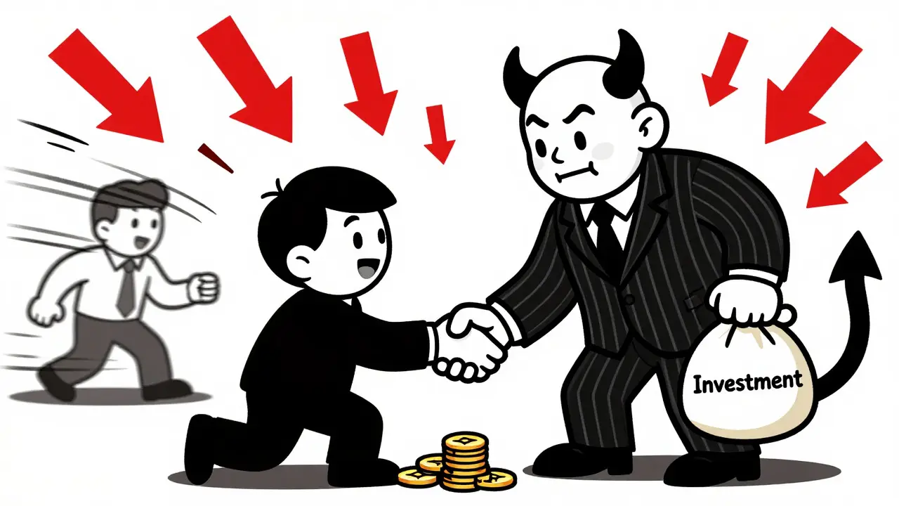 Vintage animation style showing a fraudulent dealer tricking an investor into giving away coins.