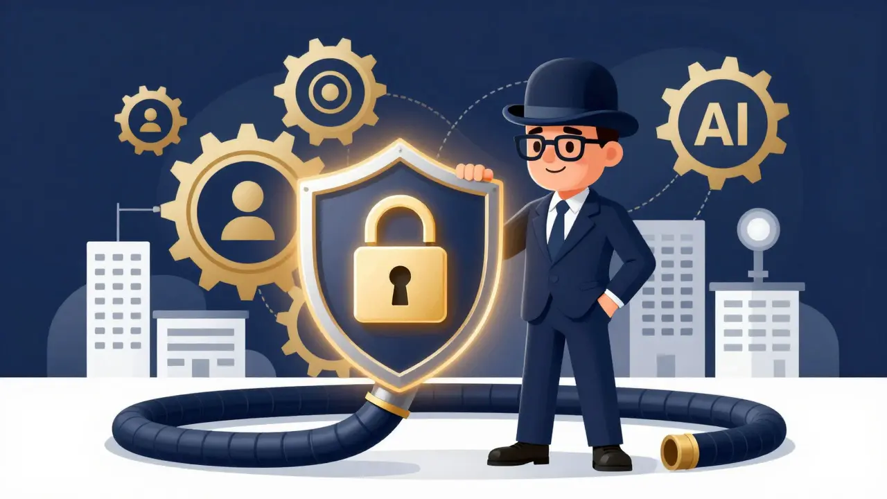 Vintage cartoon businessman standing next to a glowing security shield