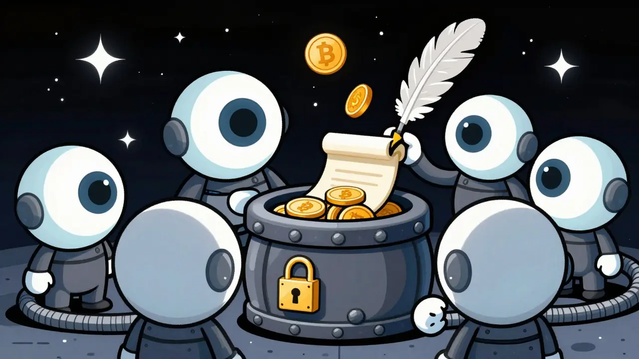 Vintage style guardians watching and signing a scroll to verify a blockchain transaction