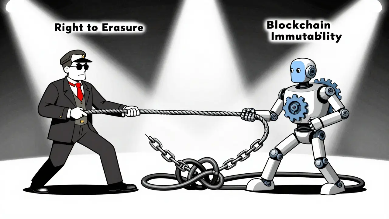 Vintage style tug-of-war between regulator and robotic blockchain entity