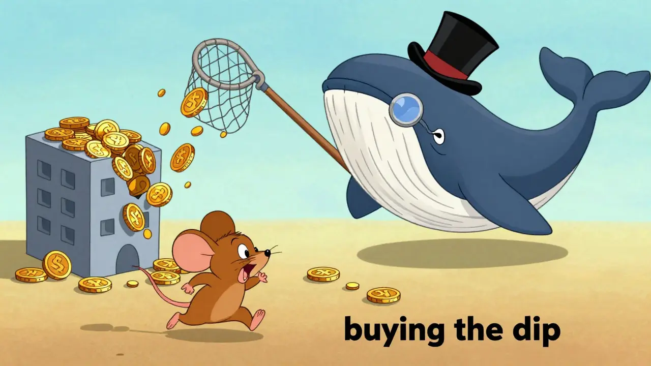 A whale buys coins while a panicked mouse runs away from a collapsing coin tower.