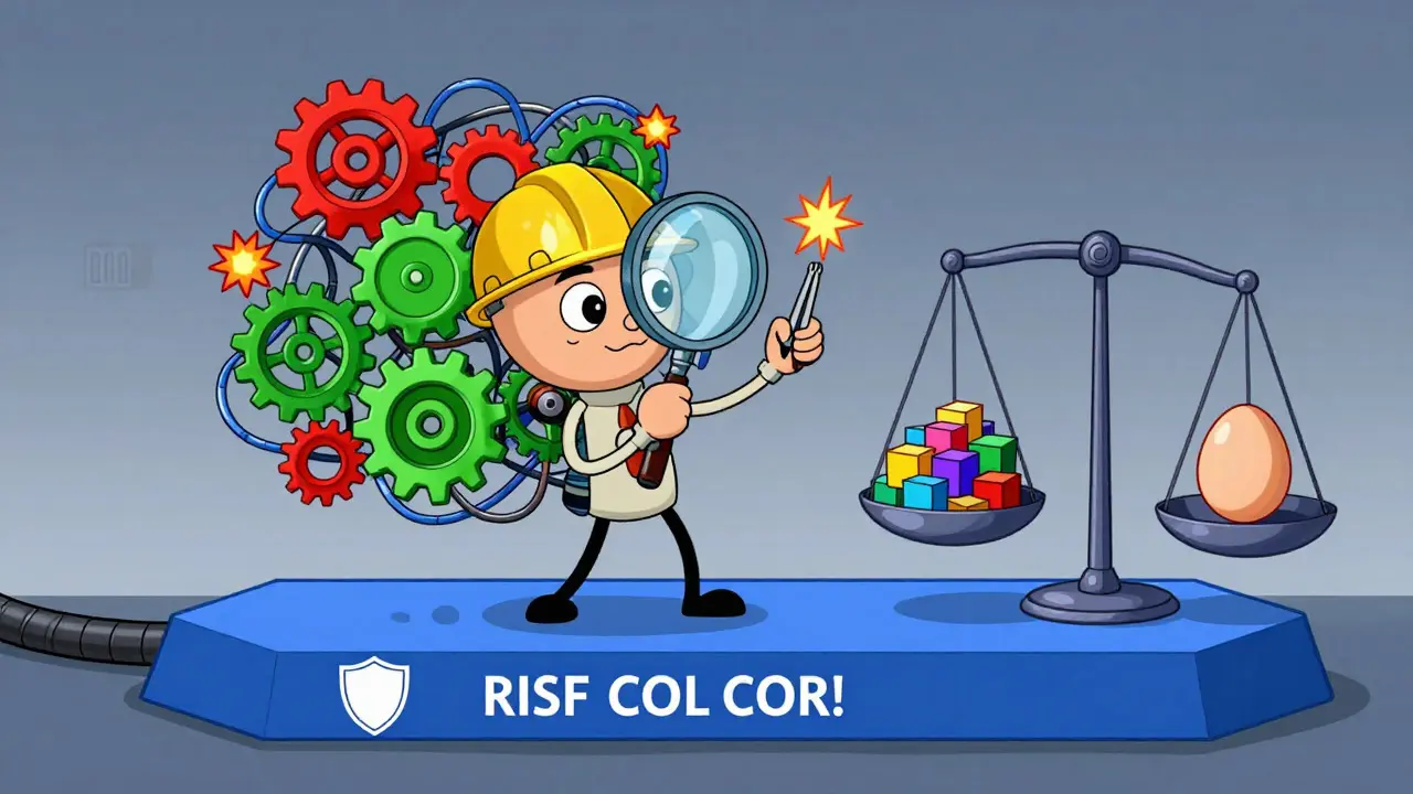 Animated character inspecting mechanical gears and balancing assets to manage DeFi risks