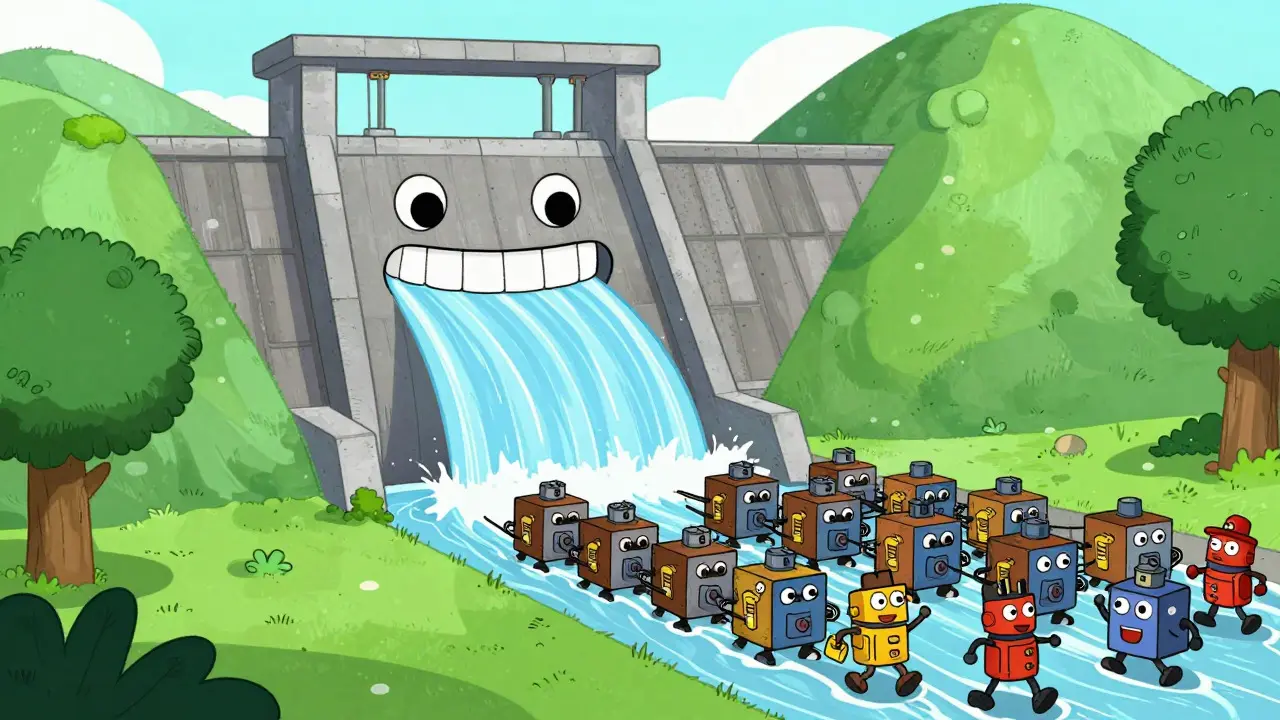 Anthropomorphic dam powering cute mining robots in rubber hose style