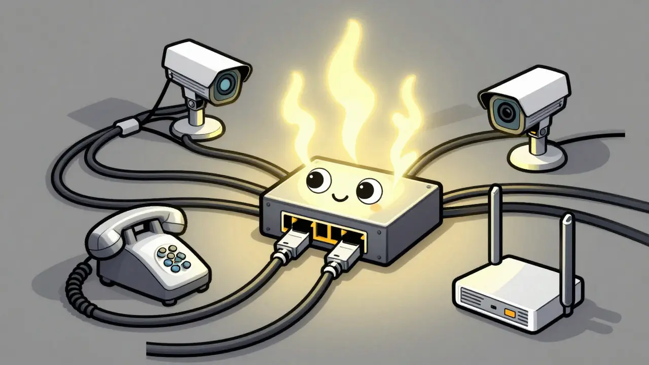 Anthropomorphic switch powering phones and cameras with glowing cables