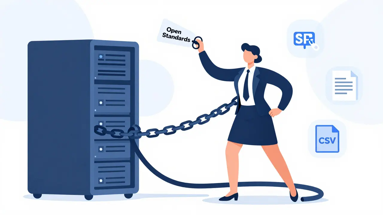 Business person cutting chains with open standards key