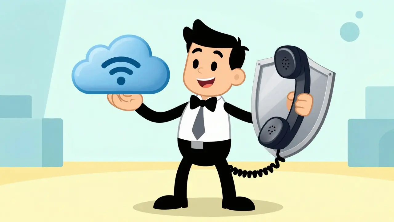 Businessman holding both cloud tech and secure landline phone