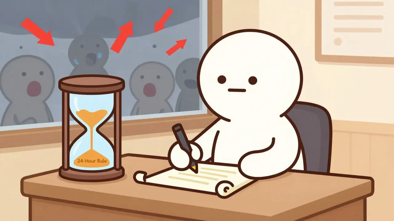 Calm cartoon character writes a plan at a desk while market chaos rages outside the window.