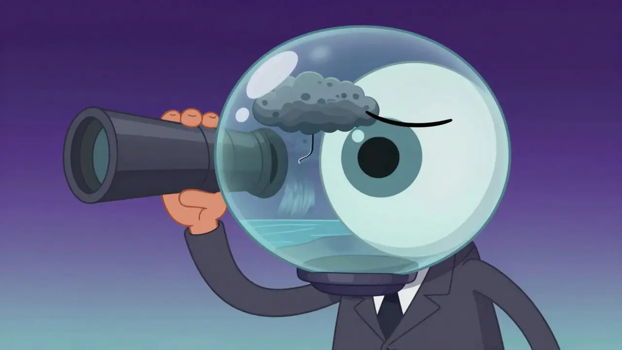 Cartoon character looking into a crystal ball seeing a storm cloud