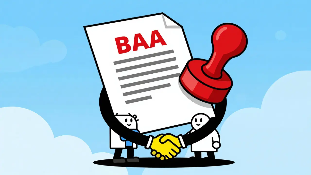 Cartoon characters shaking hands under a BAA contract seal