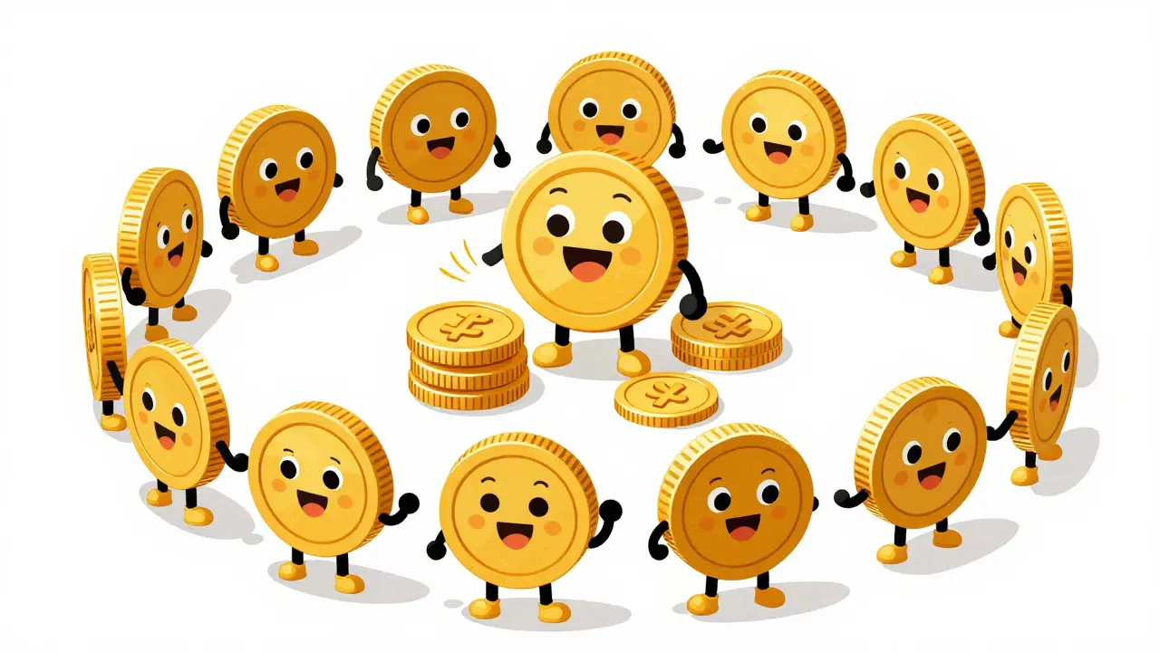 Cartoon coins trading in a circle around a central hub in rubber hose animation style