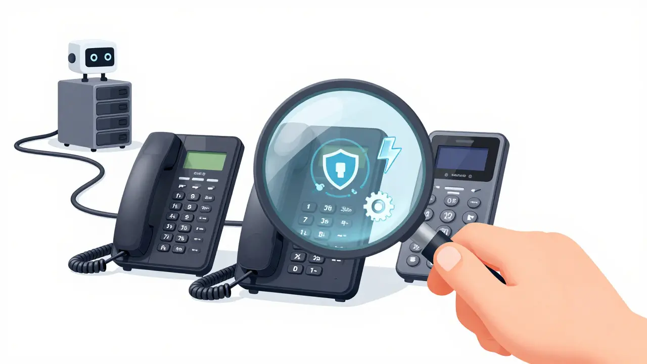 Cartoon depicting a magnifying glass highlighting the best value IP phone among three options.
