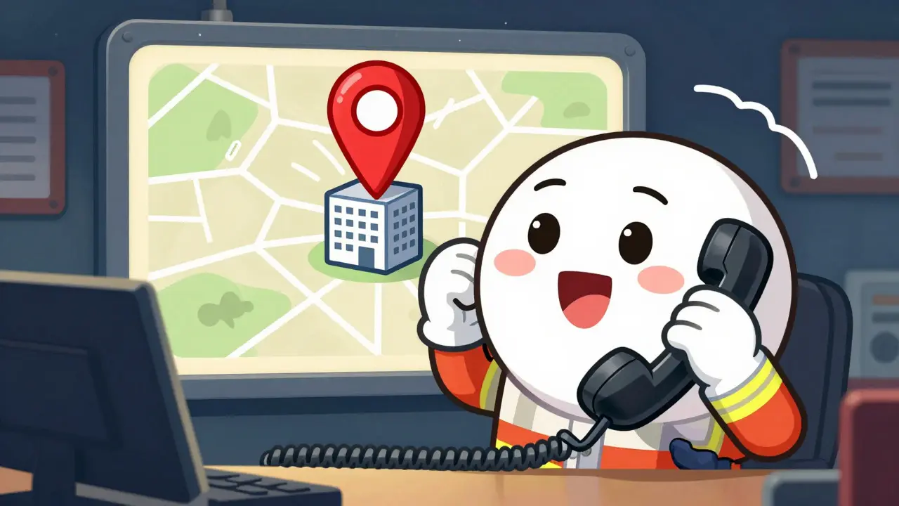 Cartoon dispatcher locating emergency caller on a map with precision