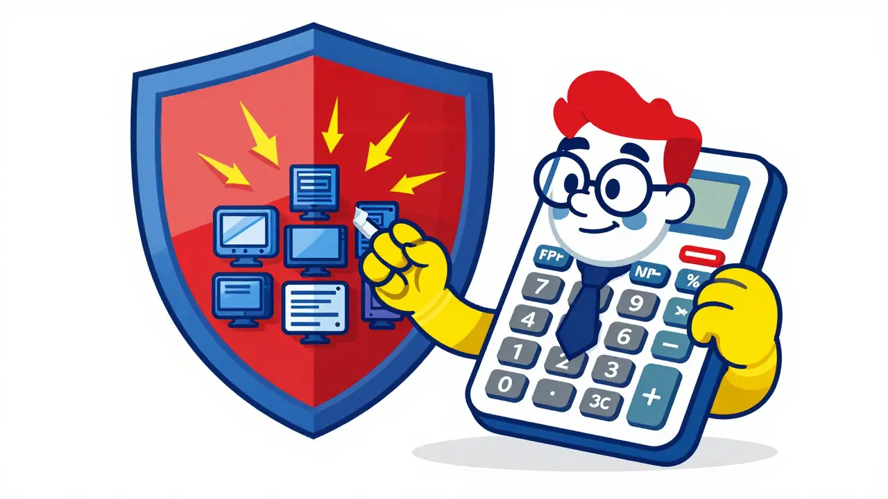 Cartoon engineer calculating power safety margins with a shield