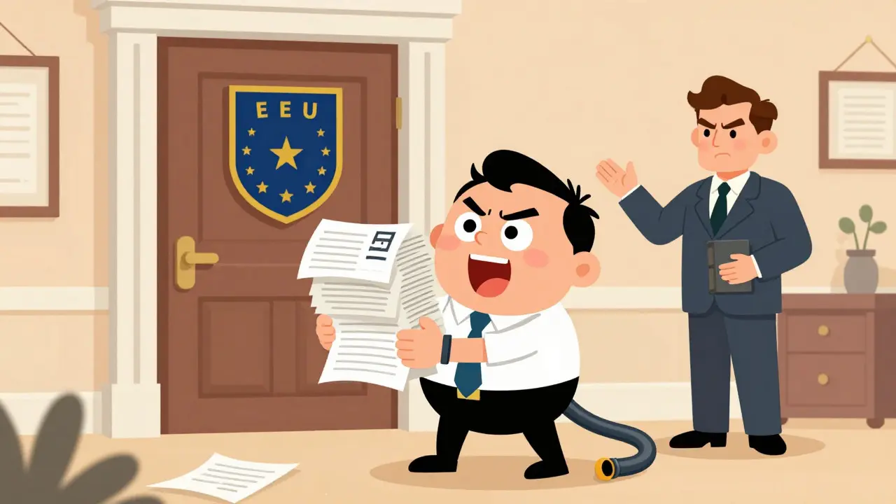 Cartoon entrepreneur facing EU regulatory hurdles and paperwork