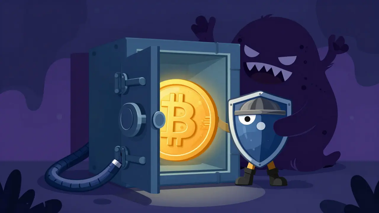 Cartoon guard protecting a gold coin in a safe from shadowy threats