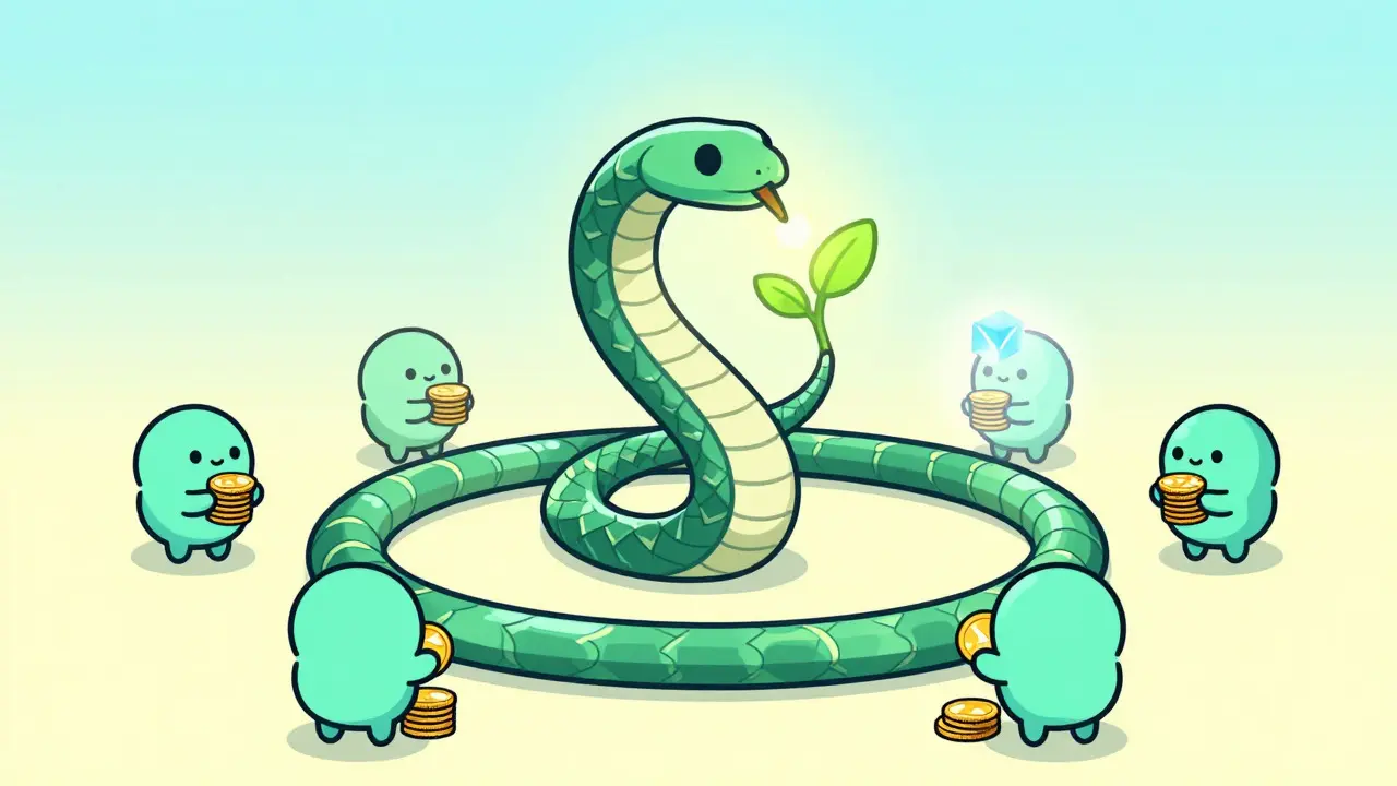 Cartoon snake holding a plant surrounded by staking validators