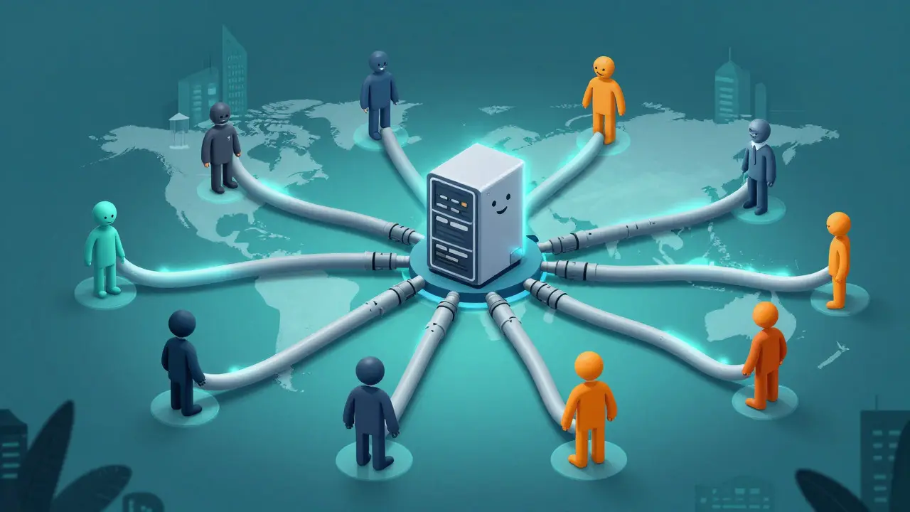 Central server character connected via glowing tubes to global figures