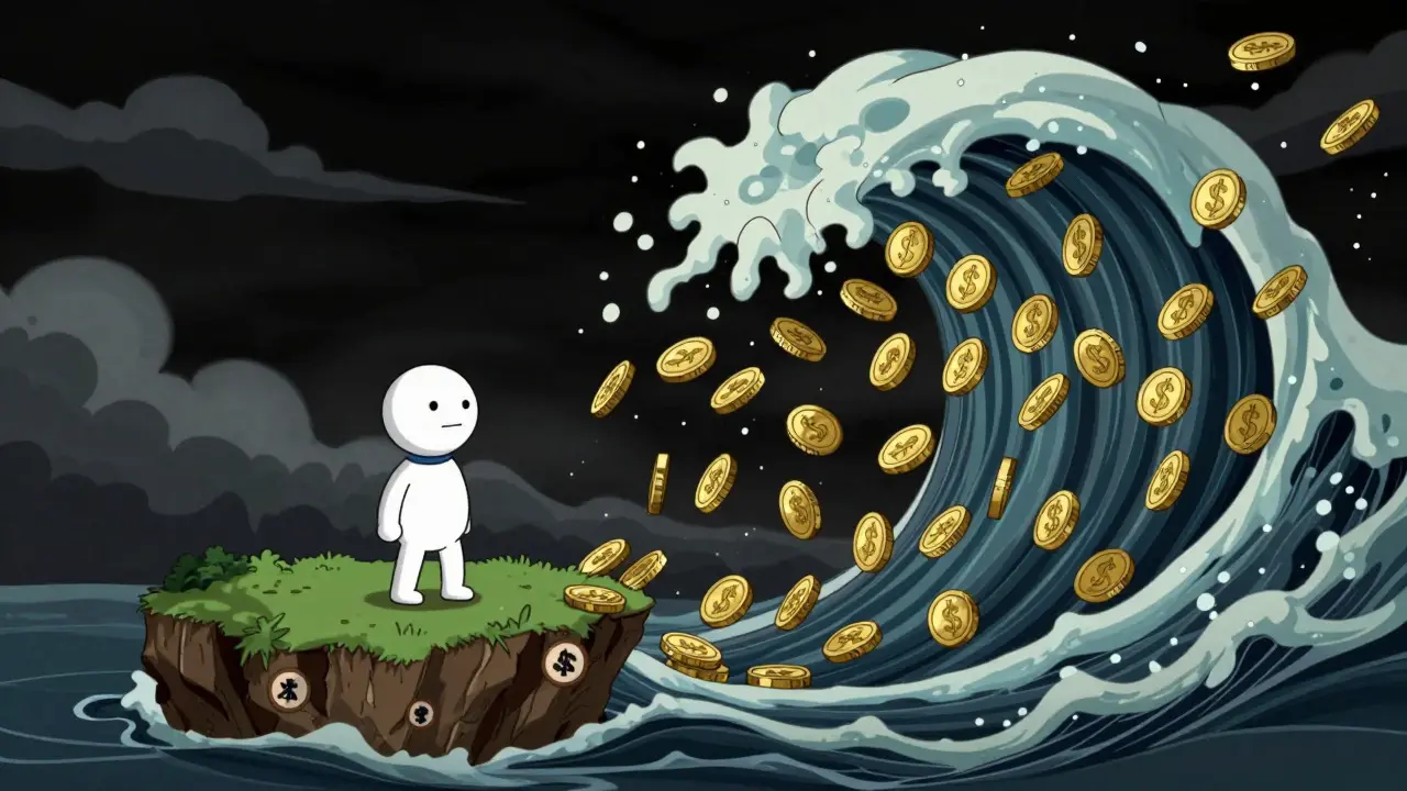 Character facing a wave of coins on a shrinking island, showing inflation risk.