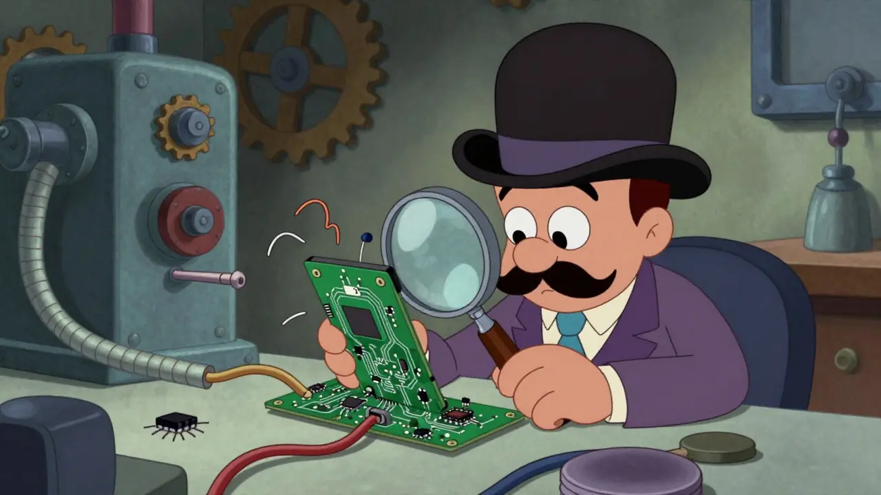 Detective examining phone circuit board in vintage animation style