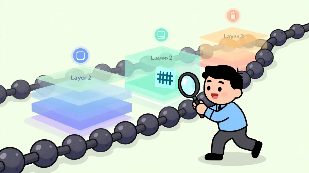Developer inspecting blockchain hash with magnifying glass in abstract network