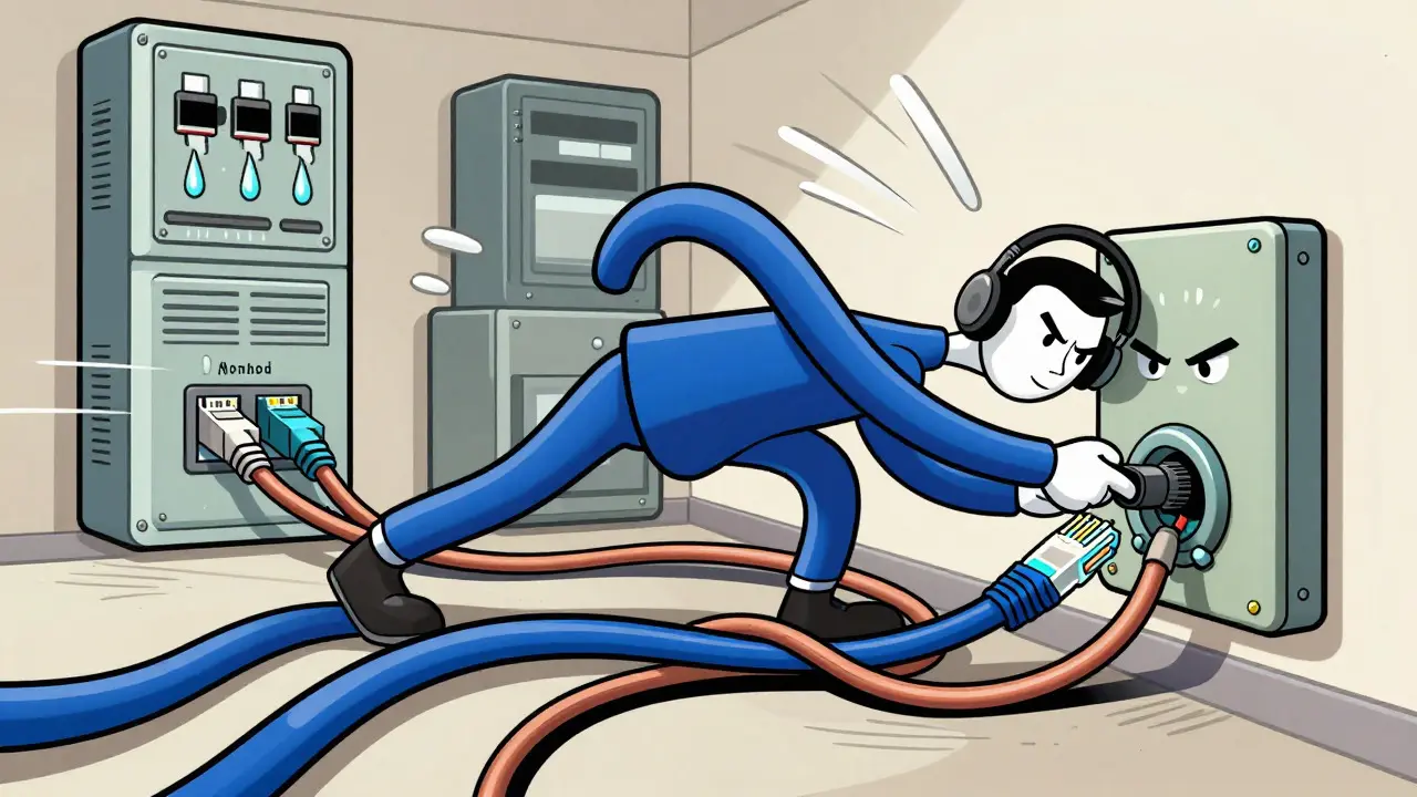 Engineer struggling with tangled network cables