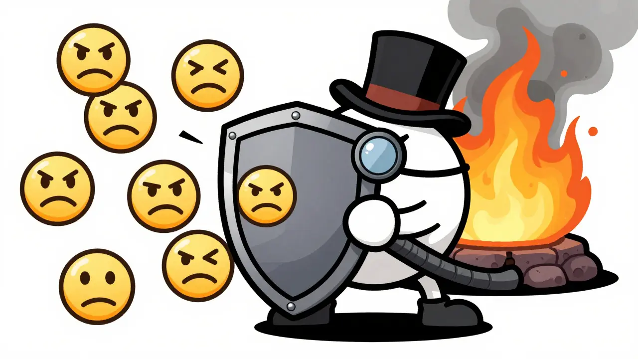 Figure holding a shield against angry tokens while a furnace burns others.