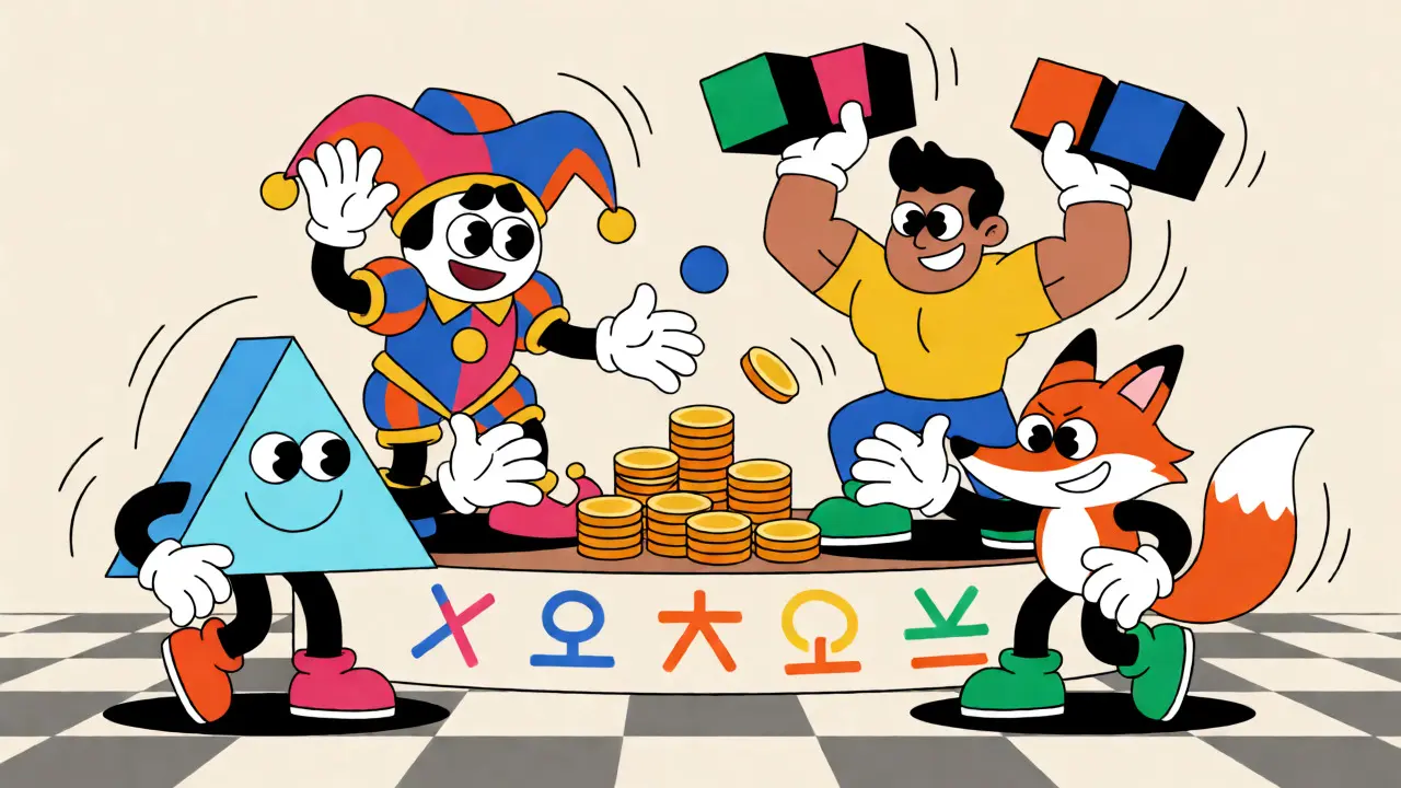 Four cartoon algorithm characters competing to pick up coins from a central pile.