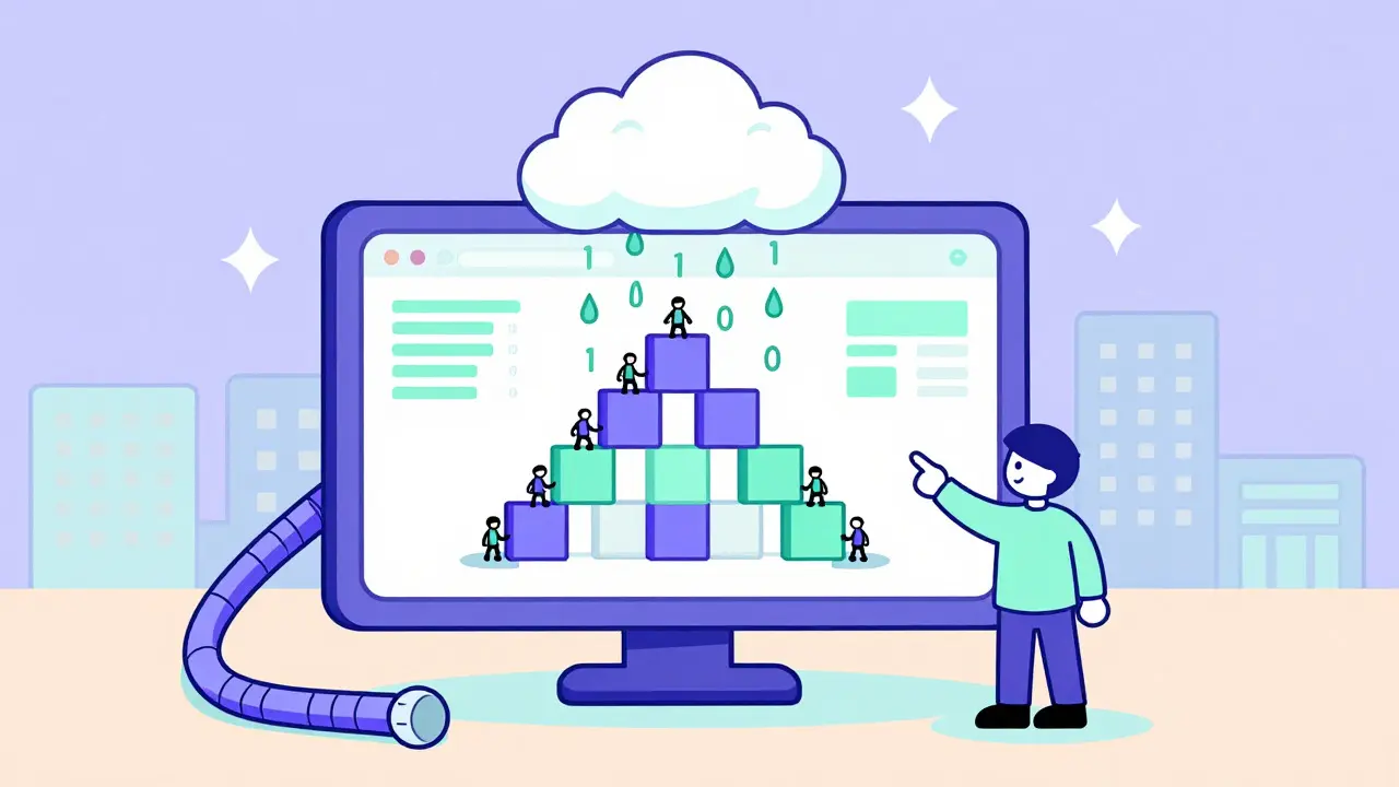 Friendly dashboard character displaying organized data structures