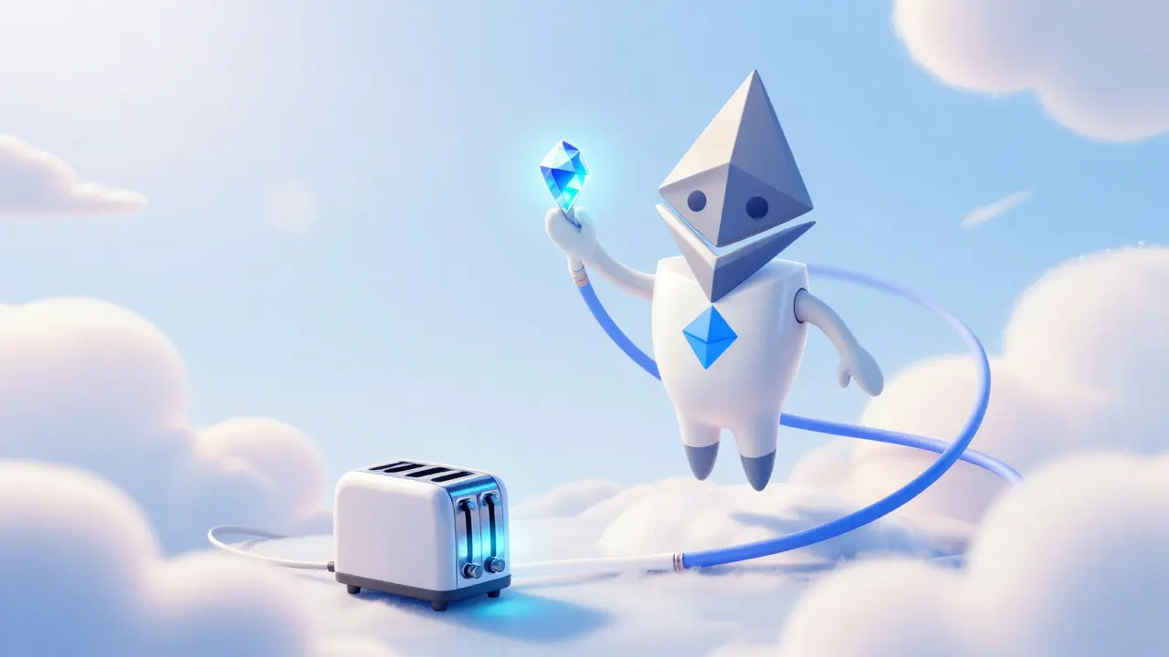 Friendly Ethereum character floating peacefully with low energy usage