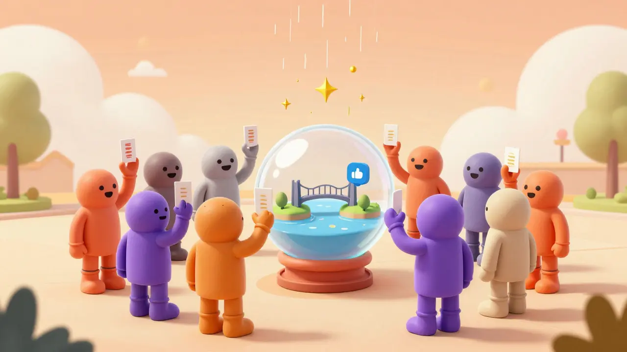 Group of cartoon characters voting on a project in a sunny plaza