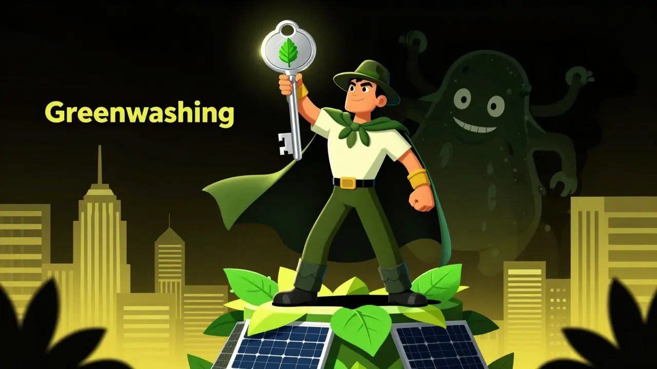Heroic cartoon figure defeating a shadowy greenwashing monster with a key.