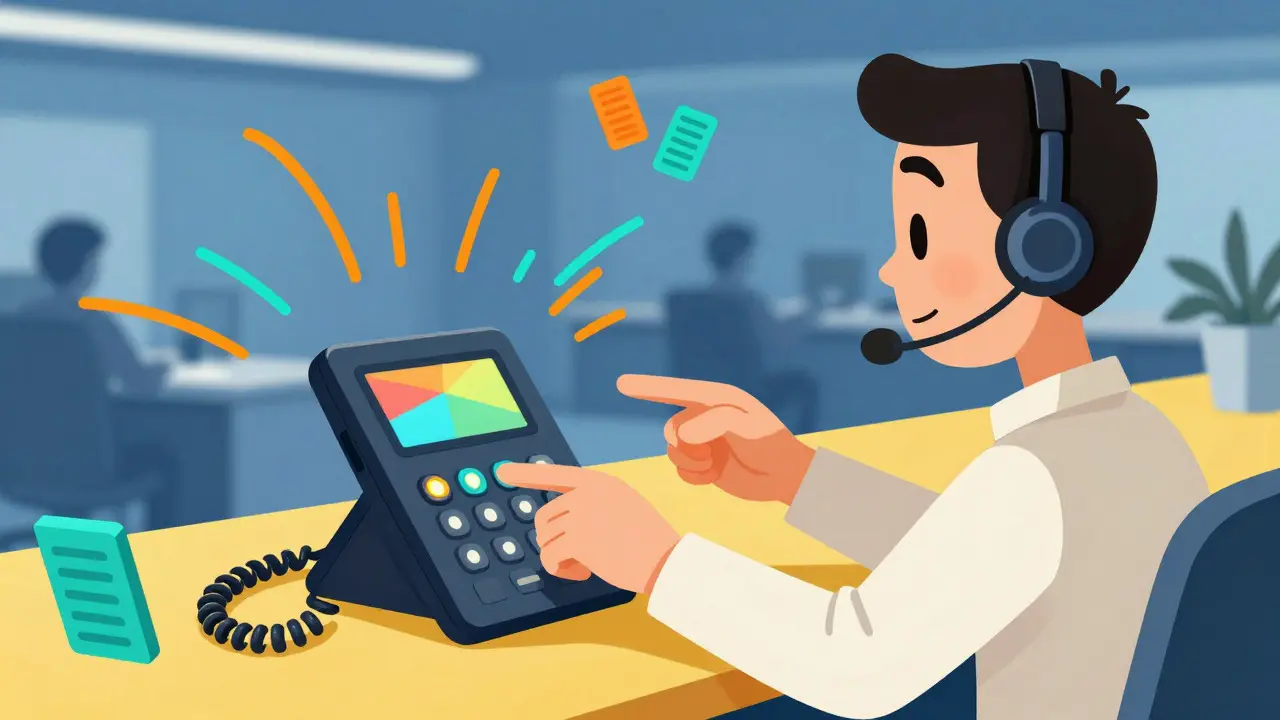 Illustration of a receptionist using a feature-rich mid-range IP phone in a busy office setting.