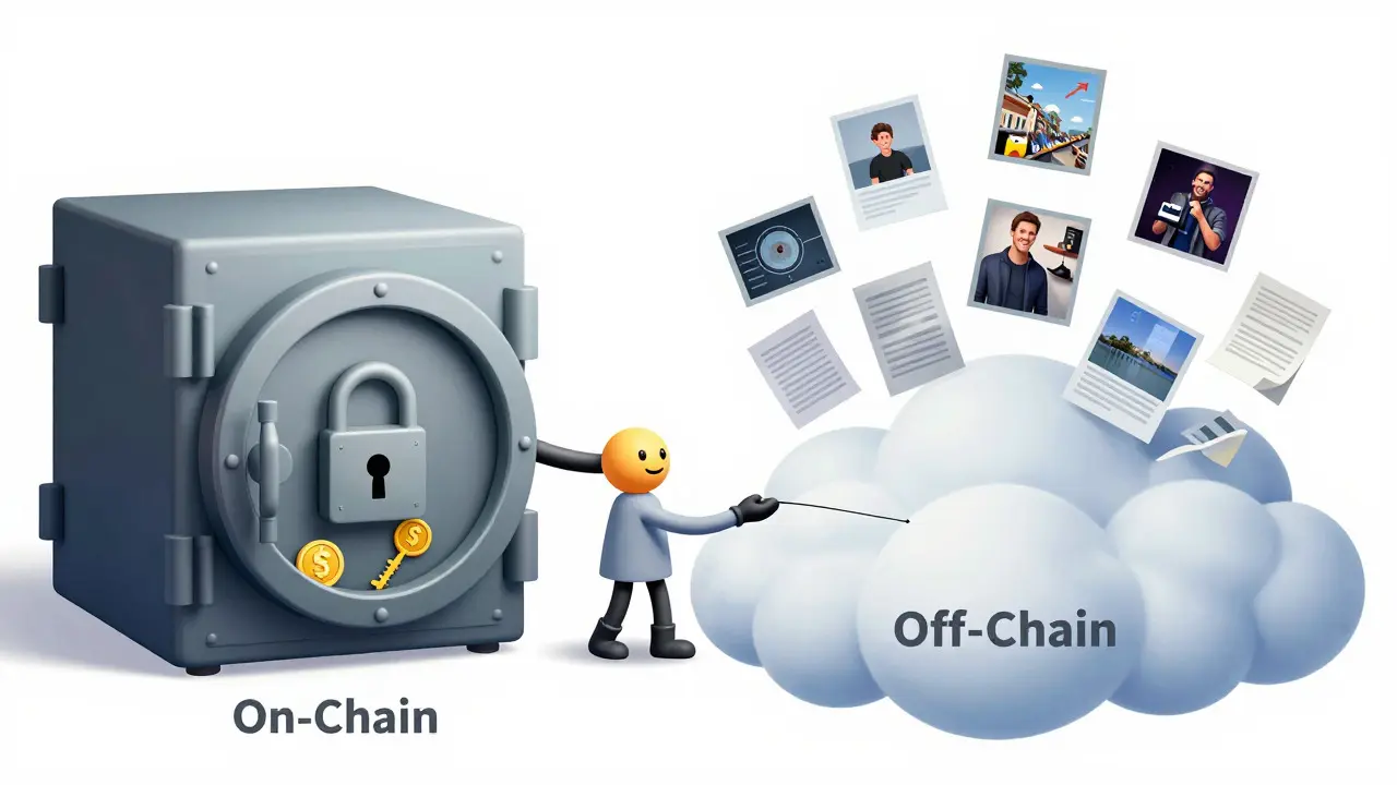 Illustration of hybrid storage connecting secure vault to cloud via hash string