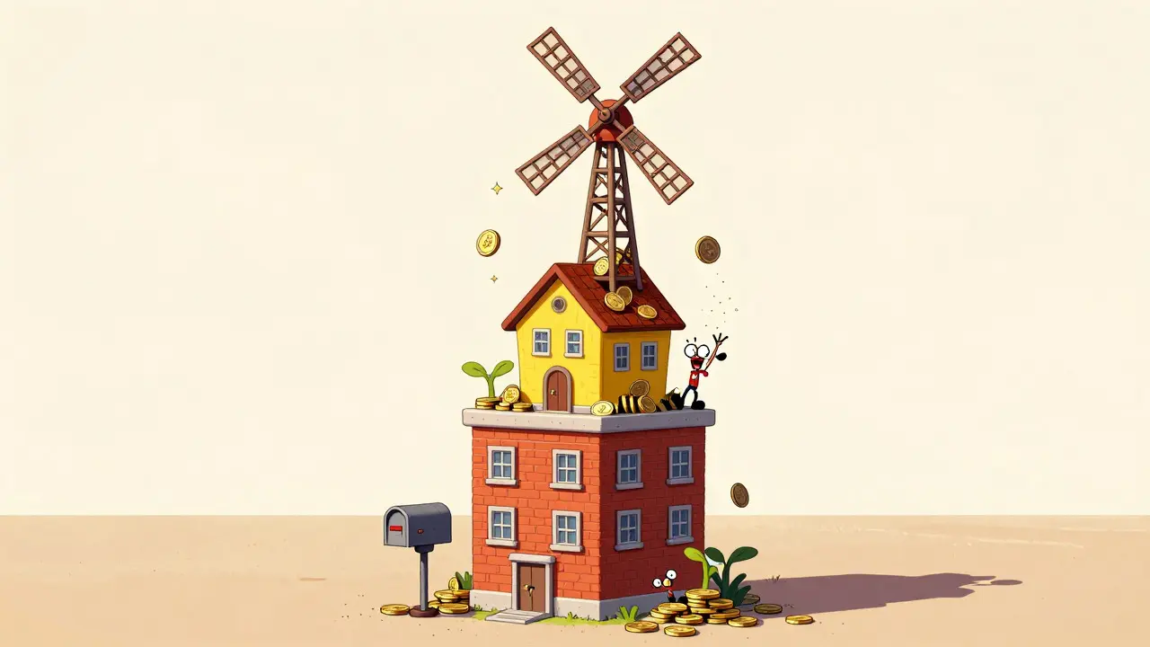 Illustration of stacked buildings symbolizing layered returns and risks in LP token farming