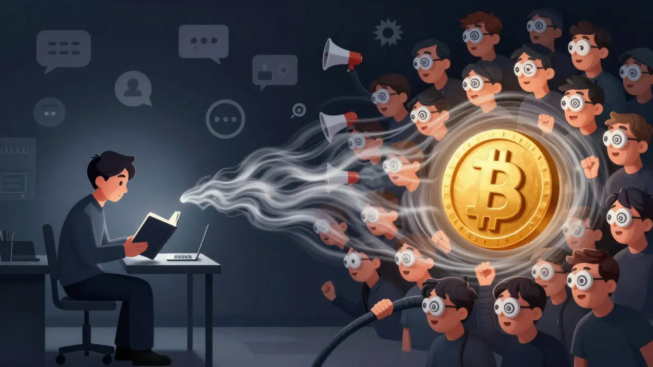 Illustration showing FOMO driving investors into a blind frenzy