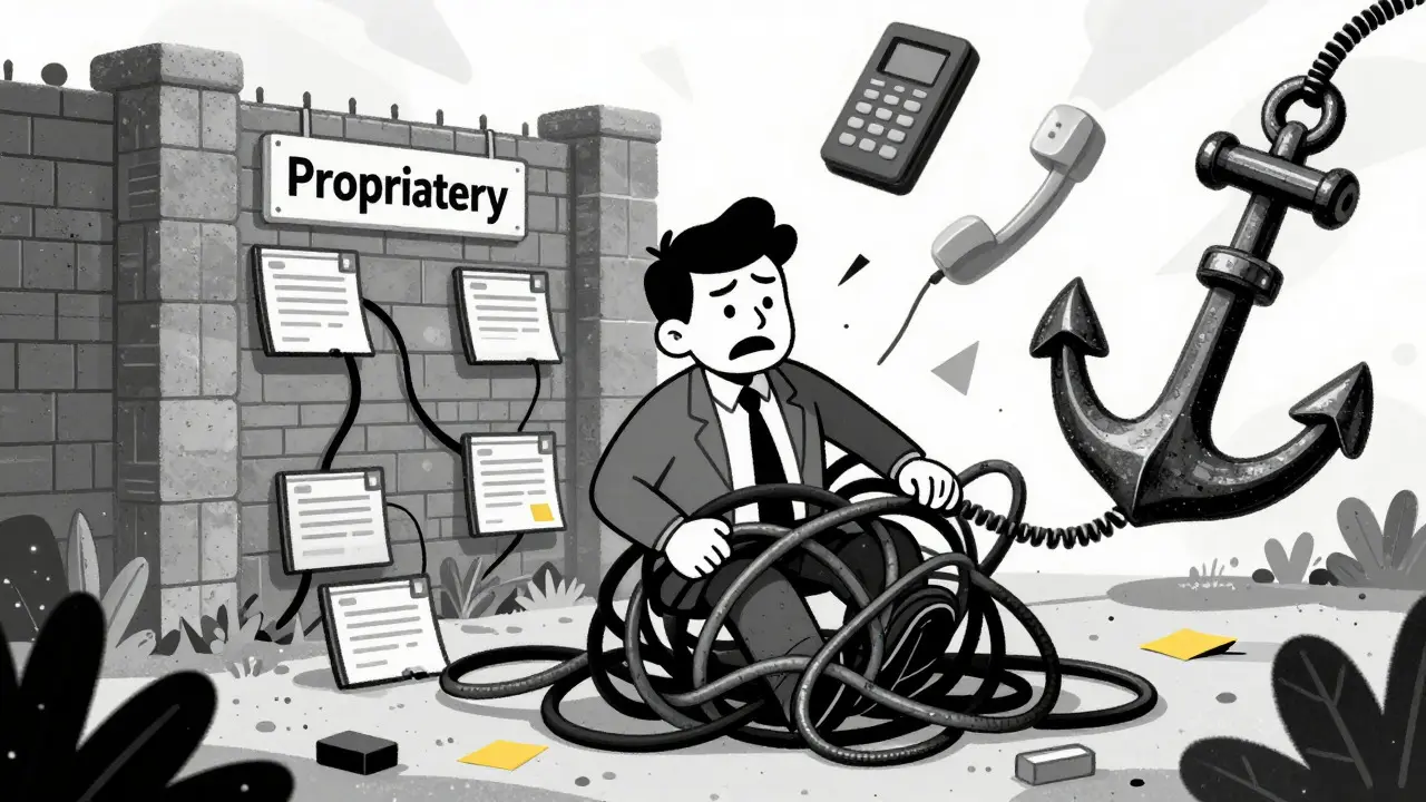 IT worker tangled in wires and locked files in cartoon style