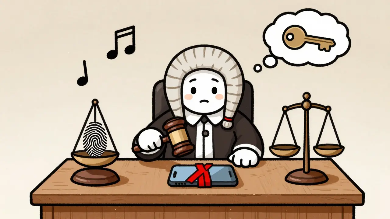 Judge and scales of justice with tied-up smartphone in rubber hose art