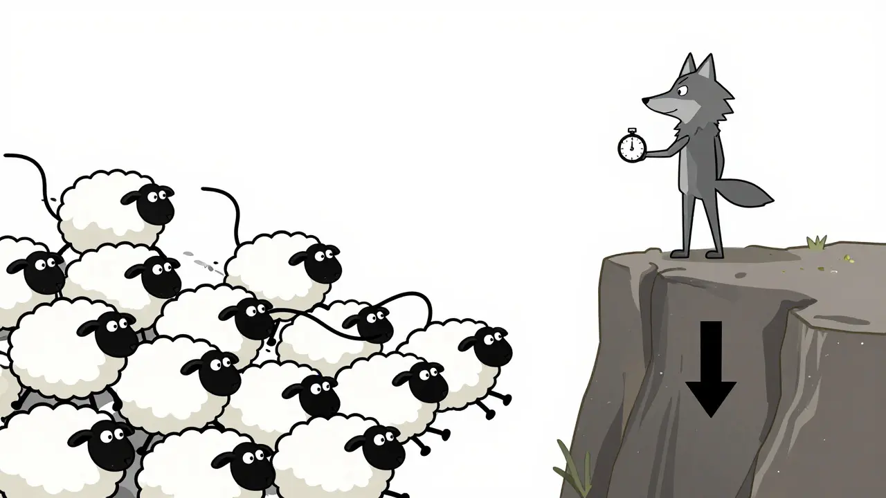 Lone investor waiting calmly while the herd panics and crashes