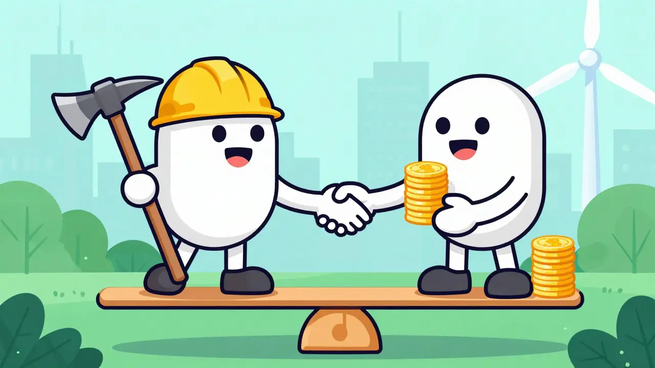 Miner and staker characters balancing on a scale in cartoon style
