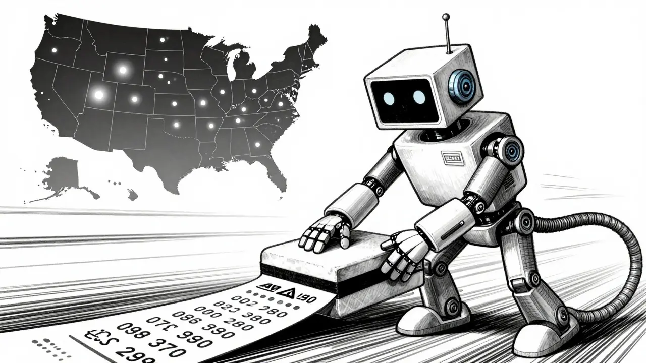Retro AI robot erasing sensitive data from a ticker tape with a US map in background.