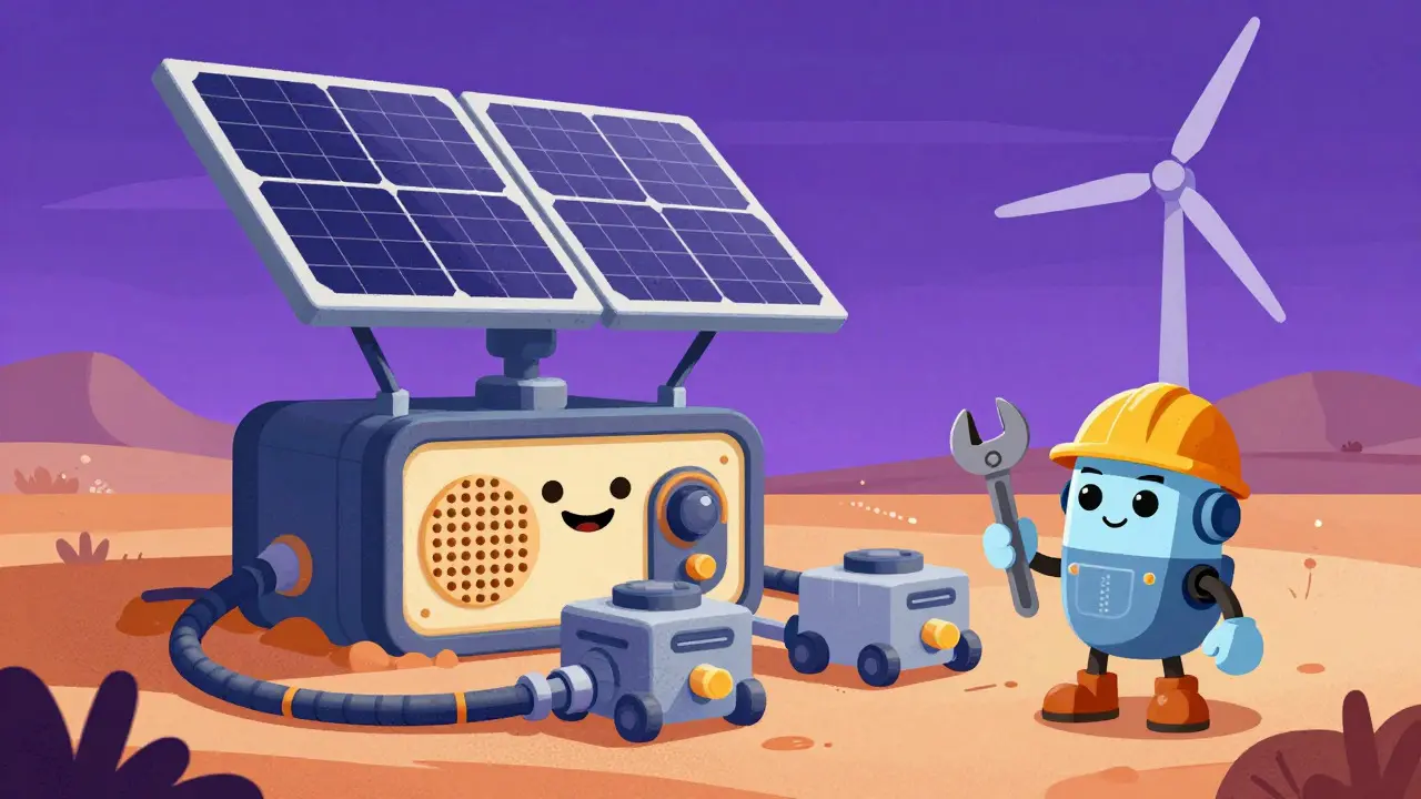 Retro-style solar and wind hybrid mining setup at twilight