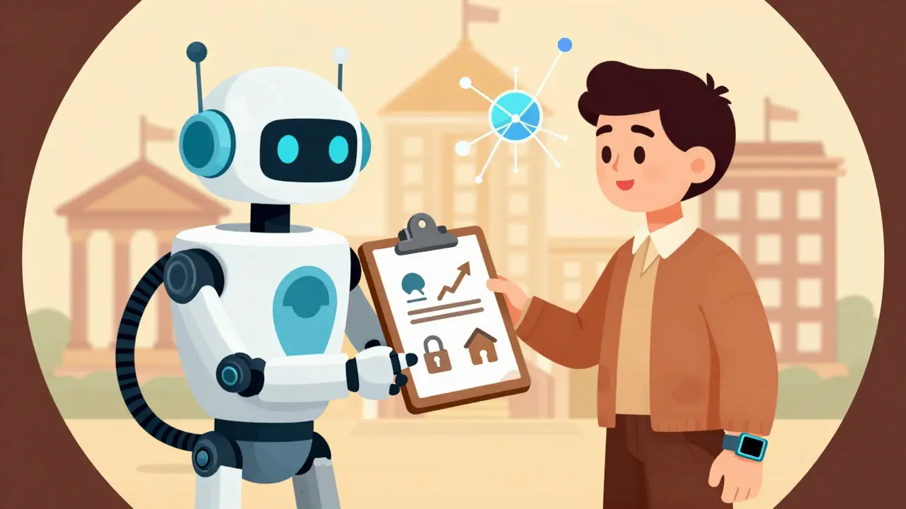 Robot assisting human with crypto investment data dashboard