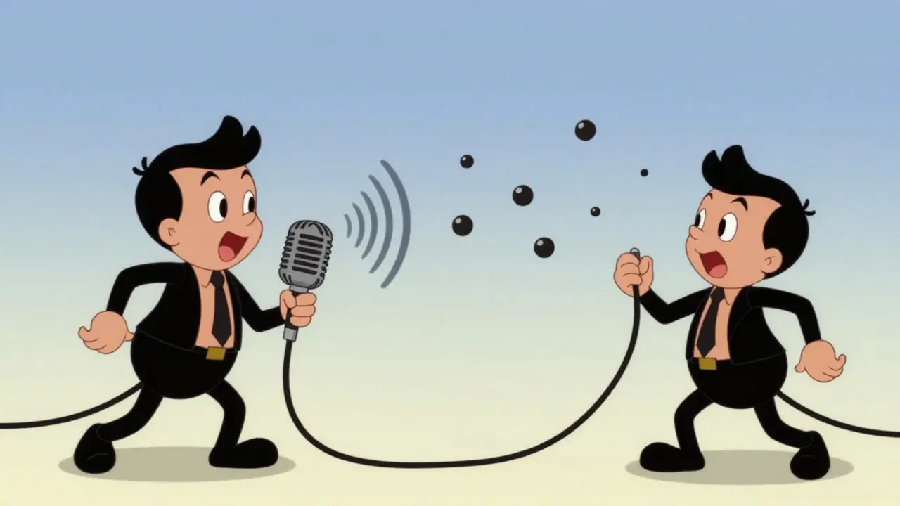 Rubber hose animation of a VoIP call showing packet loss and jitter effects