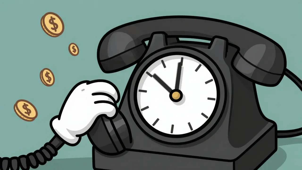 Rubber hose style illustration of a spinning clock and phone representing metered costs