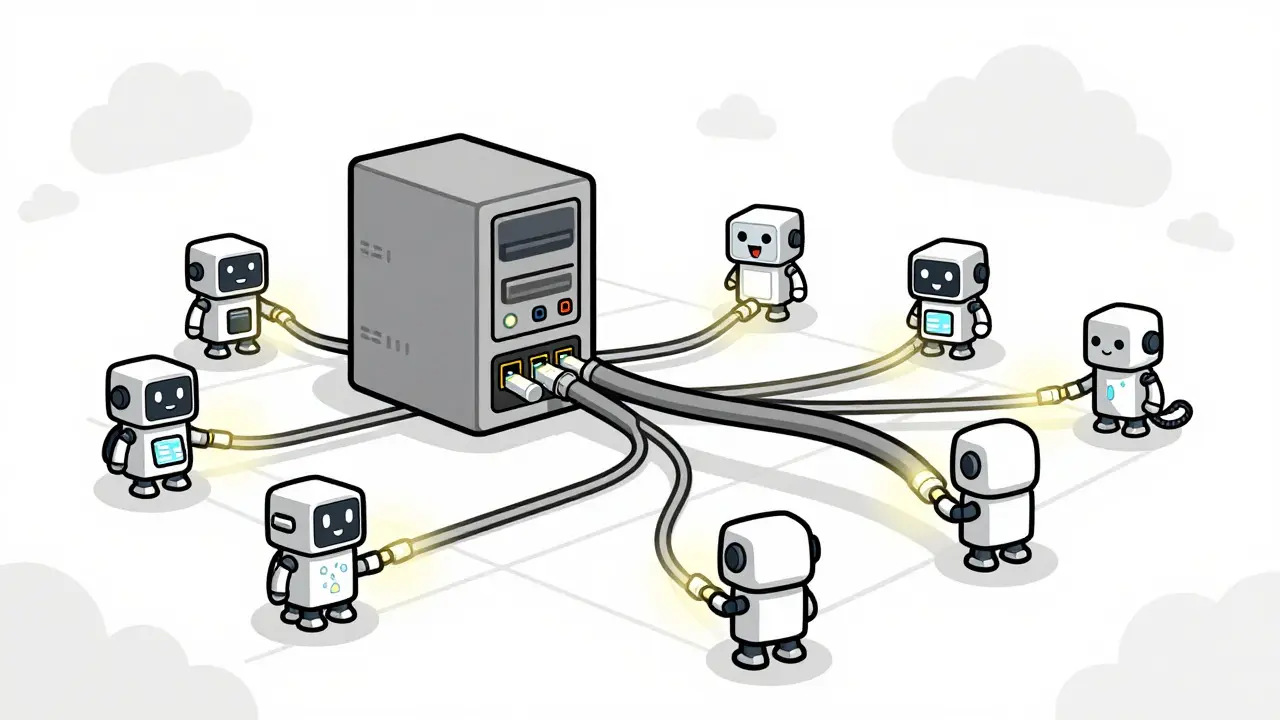 Server robot connecting to phones via glowing hoses